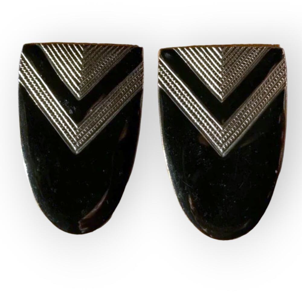 Black and silver-tone 80s style geometric shield post earrings